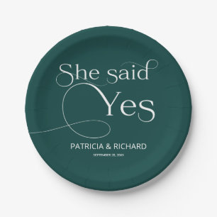 She Said Yes Engagement Party Green Paper Plate