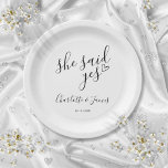 She Said Yes Engagement Party Love Heart Paper Plate<br><div class="desc">These stylish black and white "she said yes" engagement party plates can be personalized with your engagement party details. Designed by Thisisnotme©</div>