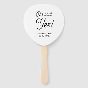 She said yes engagement party name date simple min hand fan