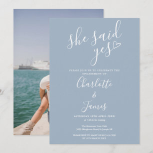 She Said Yes Engagement Party Photo Dusty Blue Invitation