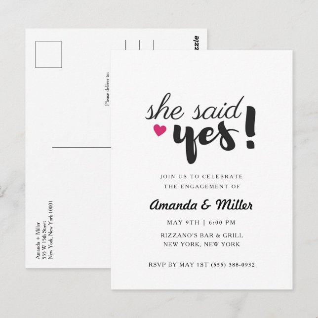 She Said Yes Engagement Party  Postcard (Front/Back)