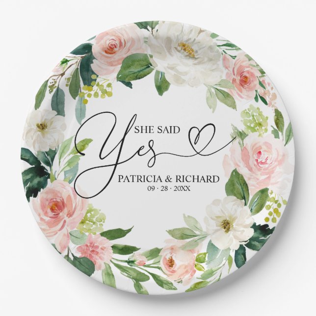She Said Yes Floral Engagement Party Paper Plate (Front)