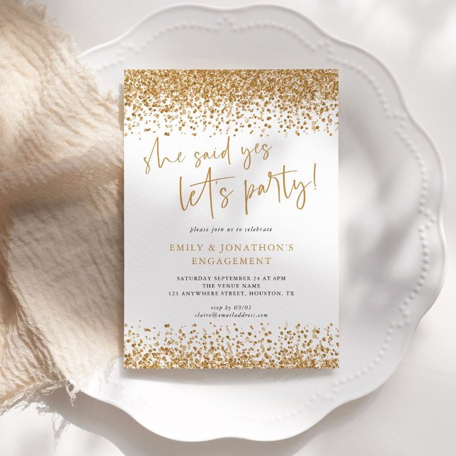 She Said Yes Gold Glitter Borders Engagement Invitation (Creator Uploaded)