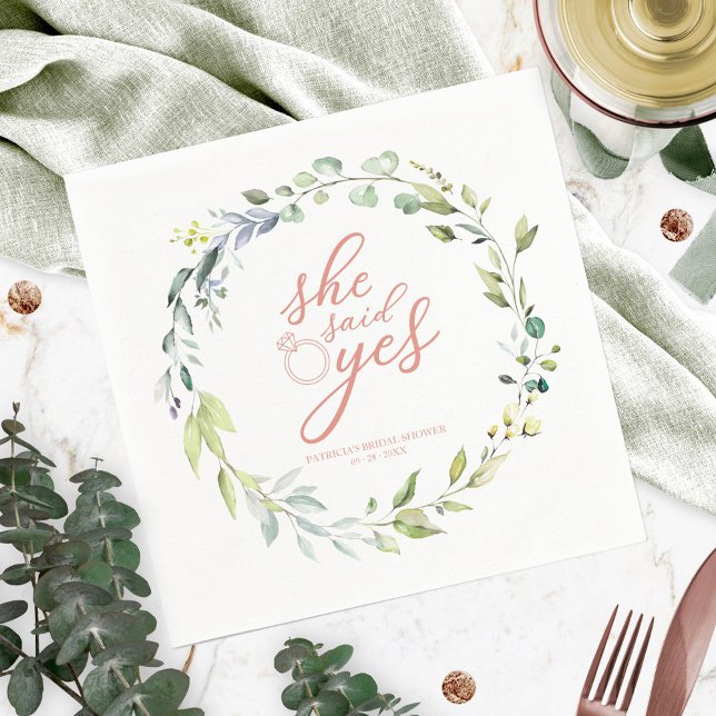 She Said Yes Greenery Eucalyptus Bridal Shower Napkin (Creator Uploaded)