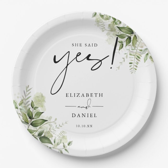 She Said Yes Greenery Floral Engagement Party Paper Plate (Front)
