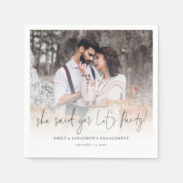 She Said Yes Lets Party Photo Overlay Engagement  Napkin (Front)