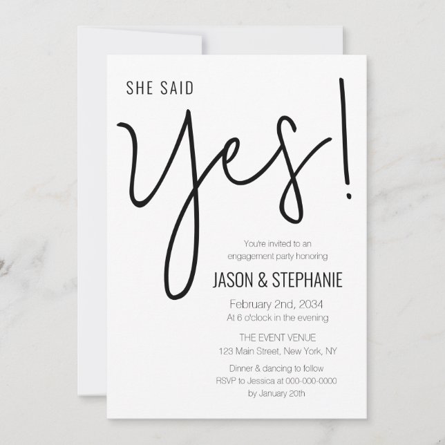 She Said Yes Minimal Engagement Party Invitation (Front)