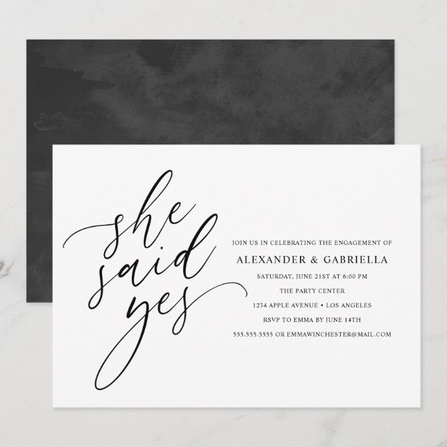 She Said Yes Modern Black Script Engagement Party Invitation (Front/Back)