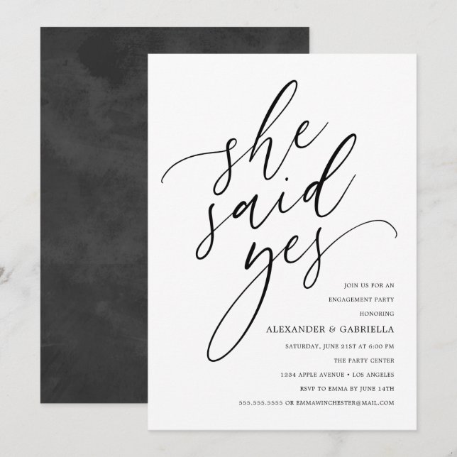 She Said Yes Modern Black Script Engagement Party Invitation (Front/Back)