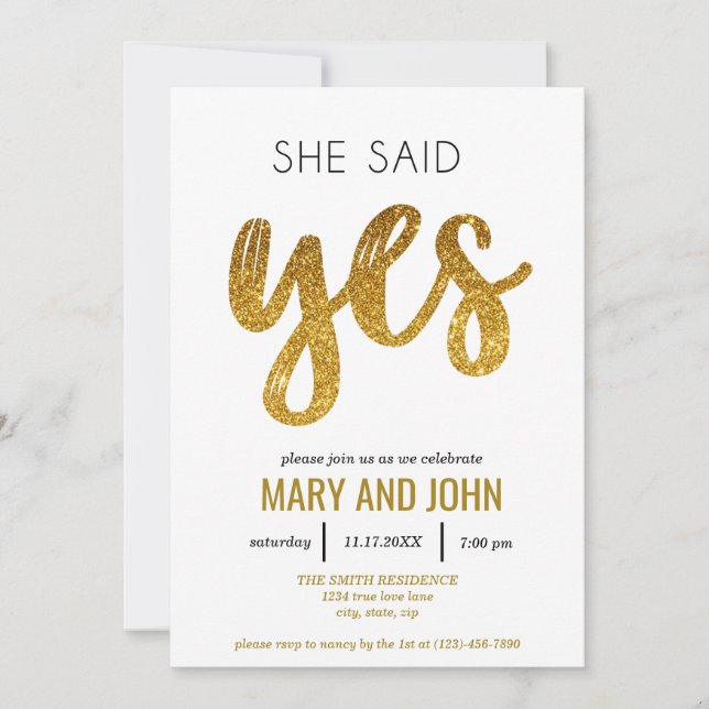 She Said Yes Modern Gold Glitter Engagement Party Invitation (Front)