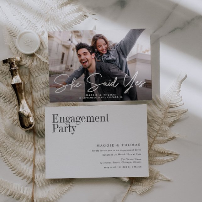 she said yes modern script photo engagement invitation (Creator Uploaded)
