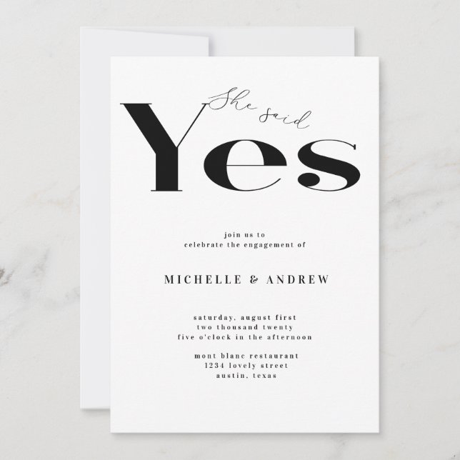 She said yes modern typography engagement invitation (Front)