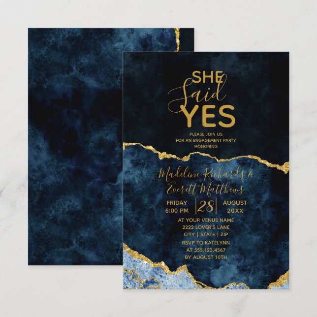 She Said Yes Navy Blue Engagement Party Invitation (Front/Back)