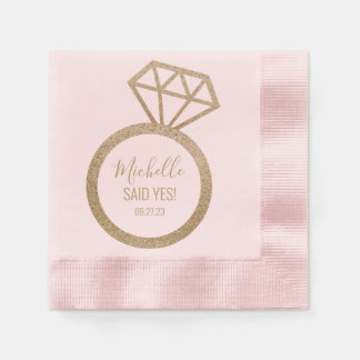She said yes! Pink/Gold Glitter Ring Bridal Shower Napkin