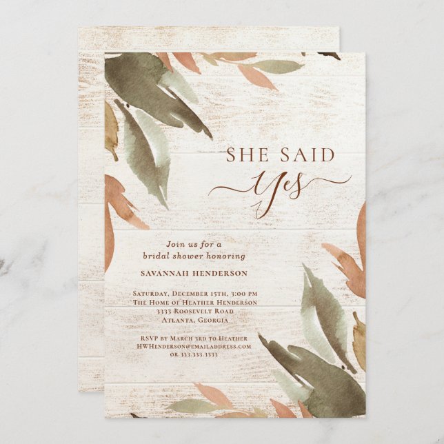 She Said Yes Rustic Greenery Bridal Shower  Invitation (Front/Back)