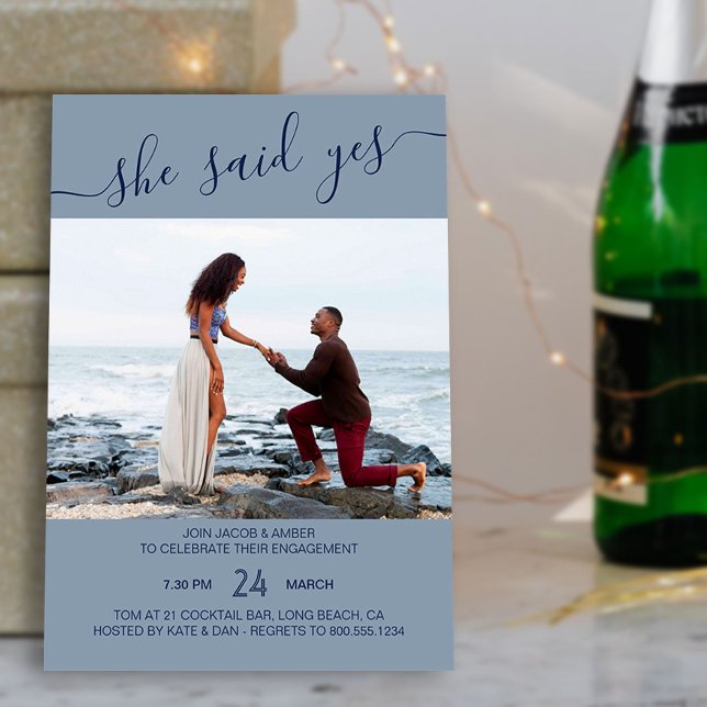 She Said Yes Script Blue Photo Engagement Invitation (Photo Engagement Party Invite from my Engagement Party Invitations Collection)