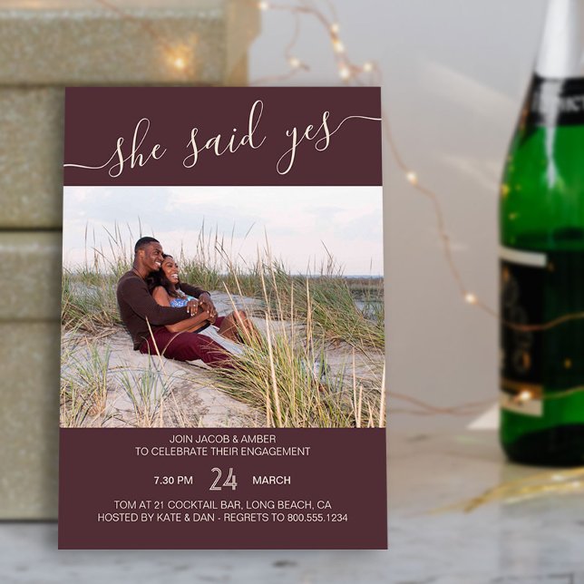 She Said Yes Script Rose Brown Photo Engagement Invitation (Photo Engagement Party Invite from my Engagement Party Invitations Collection)