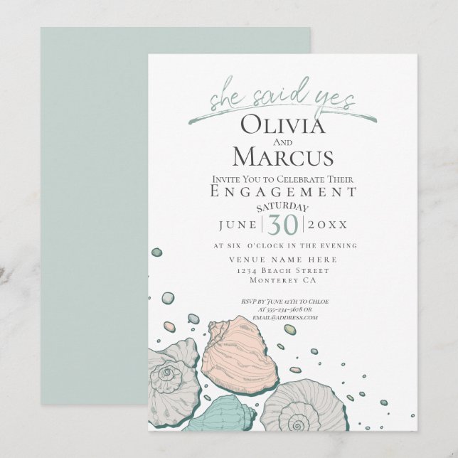 She Said Yes Seashell Engagement Coral Teal Invitation (Front/Back)