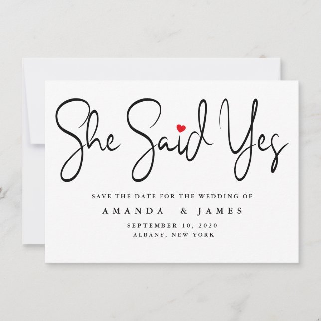 She Said Yes Simple Minimalist Black Script Save The Date (Front)