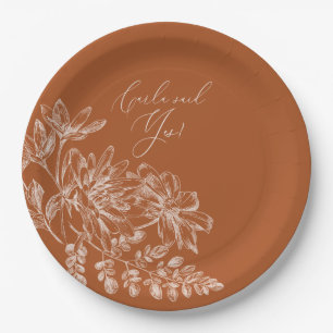 She Said Yes Terra Cotta Monogram Floral Paper Plate