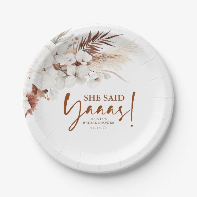 She Said Yes Terracotta White Floral Bridal Shower Paper Plate (Front)