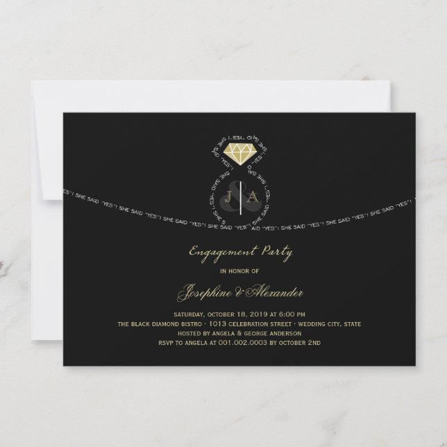 She Said Yes Text Ring Monogram Engagement Party Invitation (Front)