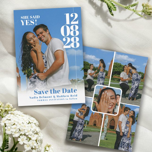 She said yes wedding date with engagement photos save the date (Creator Uploaded)