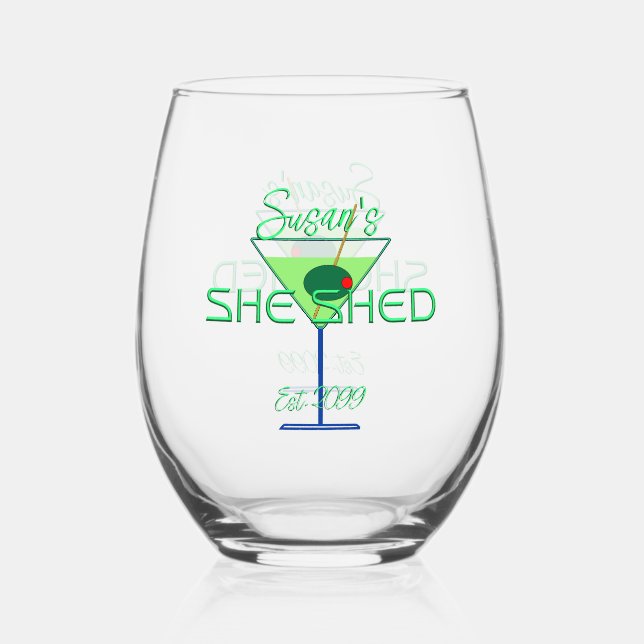 She Shed Fun Martini Drinkware Stemless Wine Glass (Front)