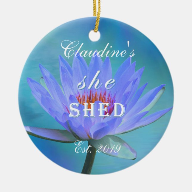 She Shed Shades of Blue Water Lily Christmas Ceramic Ornament (Front)