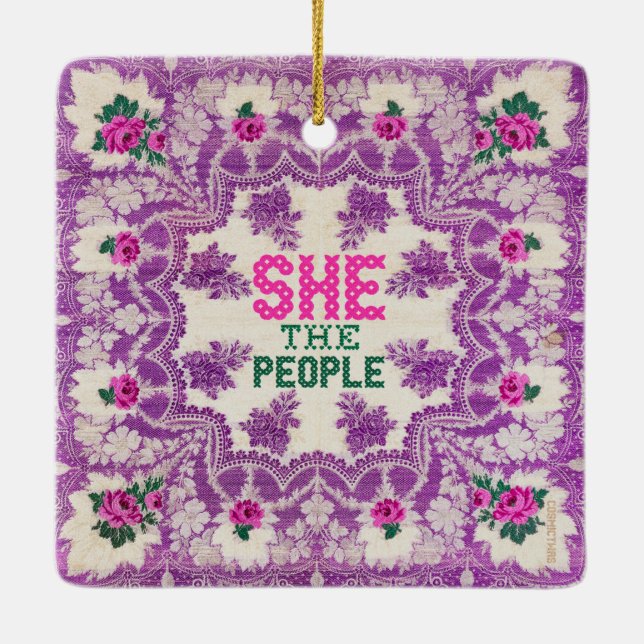 She The People Cross Stitch Ceramic Ornament (Back)