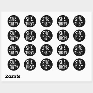 SHE / THEM Pronouns Black Handlettering Set of Classic Round Sticker