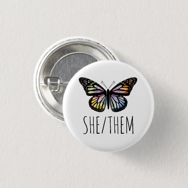 SHE/THEM Pronouns Watercolor Butterfly  1 Inch Round Button (Front & Back)