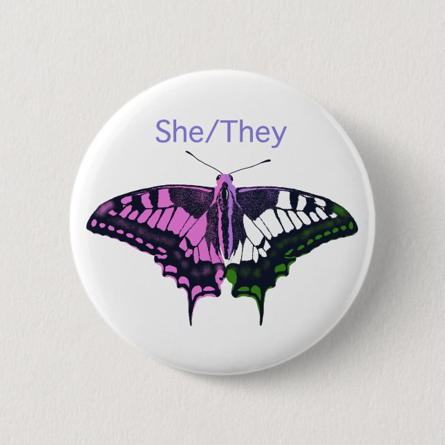 She/They Non-Binary Flag Swallowtail Butterfly 2 Inch Round Button (Front)