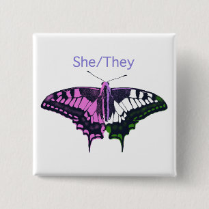 She/They Non-Binary Flag Swallowtail Butterfly 2 Inch Square Button