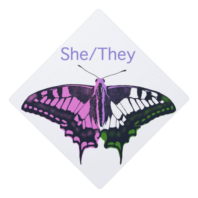 She/They Non-Binary Flag Swallowtail Butterfly Graduation Cap Topper (Front)
