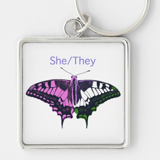She/They Non-Binary Flag Swallowtail Butterfly Keychain (Front)