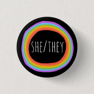 SHE/THEY Pronouns Colourful Rainbow Circle Black 1 Inch Round Button