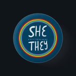 SHE/THEY Pronouns Rainbow Handlettered Minimal 1 Inch Round Button<br><div class="desc">Decorate your outfit with this cool art button. Makes a great  gift! You can customize it,  change the background colours and add text too. Check my shop for lots more colours and patterns! Let me know if you'd like something custom too.</div>