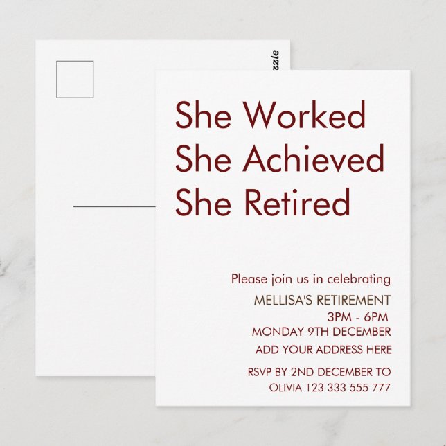 She Worked She Achieved She Retired Retirement Fun Postcard (Front/Back)