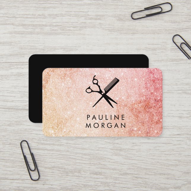 Shear and Comb Elegant Glitter Hairstylist Business Card (Front/Back In Situ)