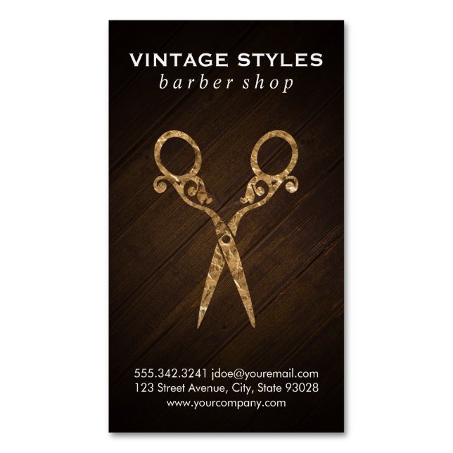 Shears | Ornate / Gold | Wooden Magnetic Business Card (Front Vertical)
