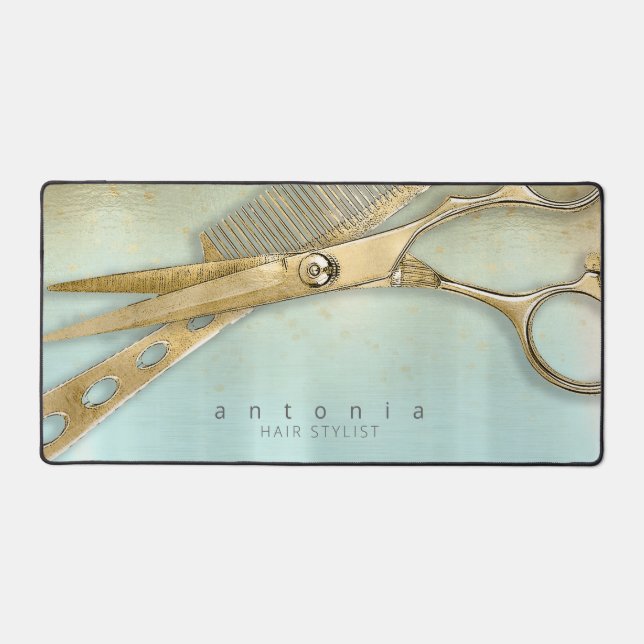Sheen and Shears Hair Stylist Gold/Teal ID814 Desk Mat (Front)