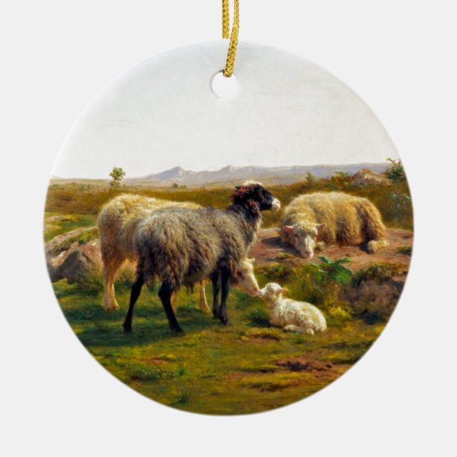 Sheep and a Lamb by Rosa Bonheur Ceramic Ornament (Front)