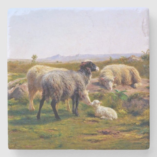 Sheep and a Lamb in Nature (by Rosa Bonheur) Stone Coaster (Front)