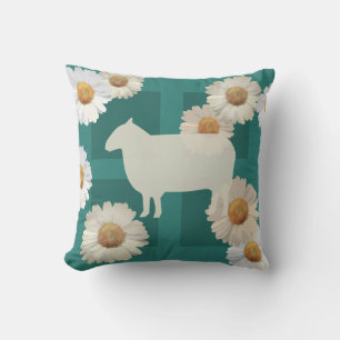 Sheep and Floral Daisies Dark Green Throw Pillow