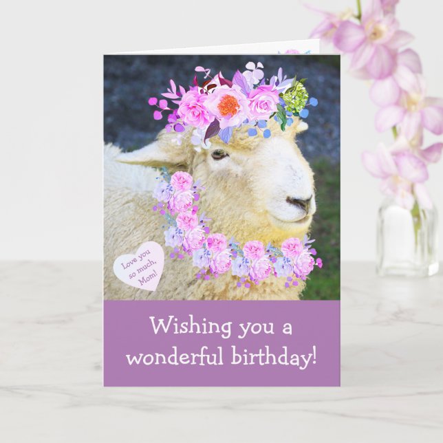 Sheep And Flowers Birthday For Mom Card (Orchid)