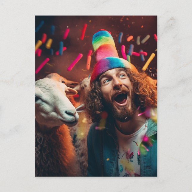 Sheep and Jesus at a Funny Colourful Birthday Part Postcard (Front)