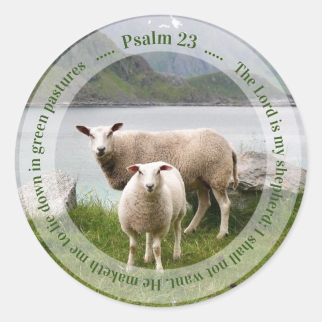 Sheep and Lamb by Lake Psalm 23 Classic Round Sticker (Front)
