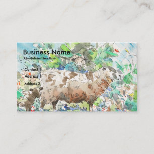 Sheep and lamb in overgrown garden painting business card