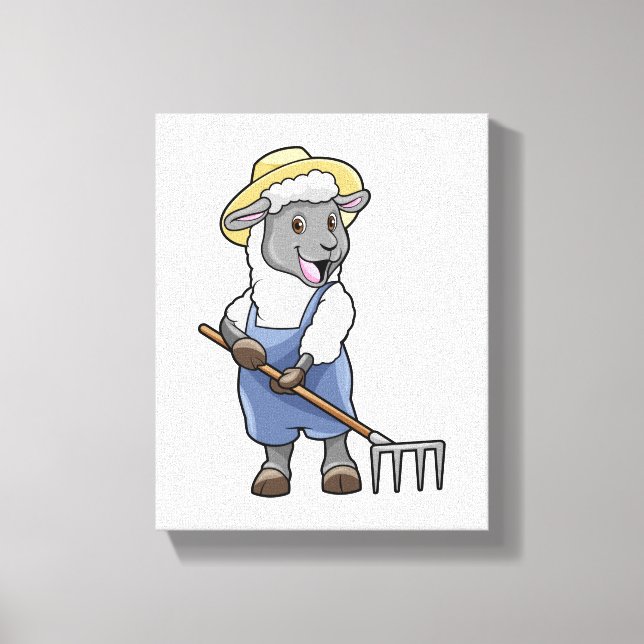 Sheep as Farmer with Rake & Hat Canvas Print (Front)